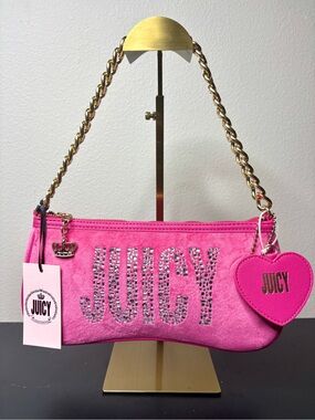 Juicy Couture Hot Pink Rhinestone Logo Mini Shoulder Bag with Heart Charm